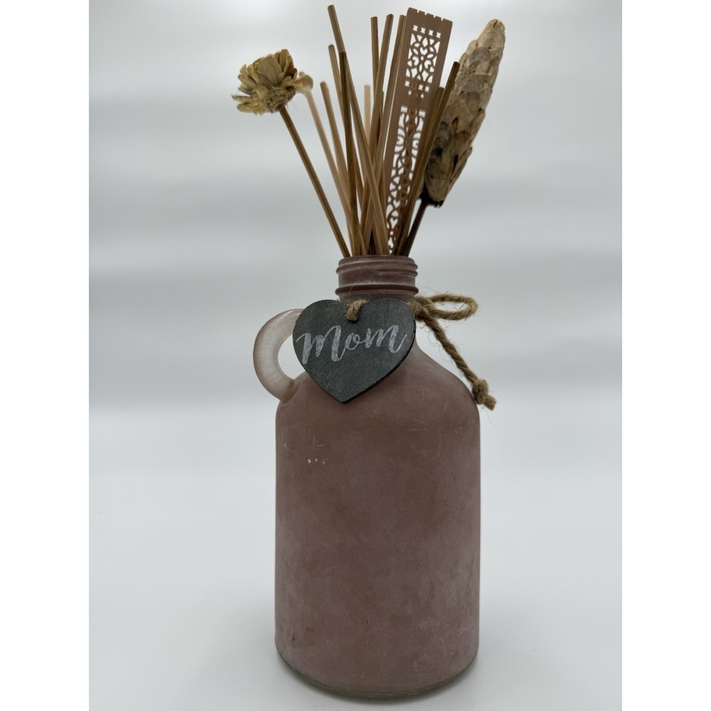 Pink Glass Reed Diffuser Bottle with Dried Flowers and 'Mom' Heart Tag, Handmade
